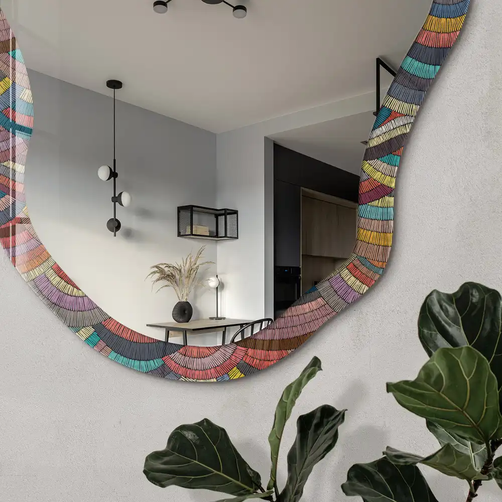 Oglindă decorativă neregulată cu imprimeu valuri curcubeu