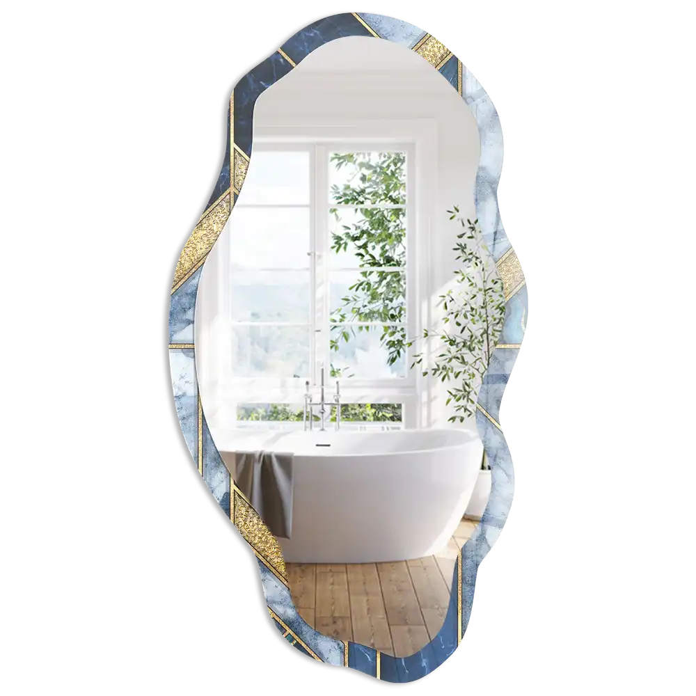Oglindă decorativă cu formă neregulată și imprimeu mozaic albastru