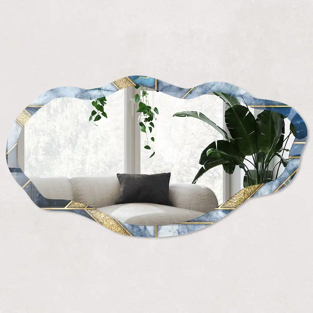 Oglindă decorativă cu formă neregulată și imprimeu mozaic albastru