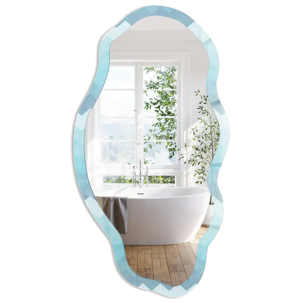 Oglindă decorativă neregulată cu imprimeu în zig-zag turcoaz