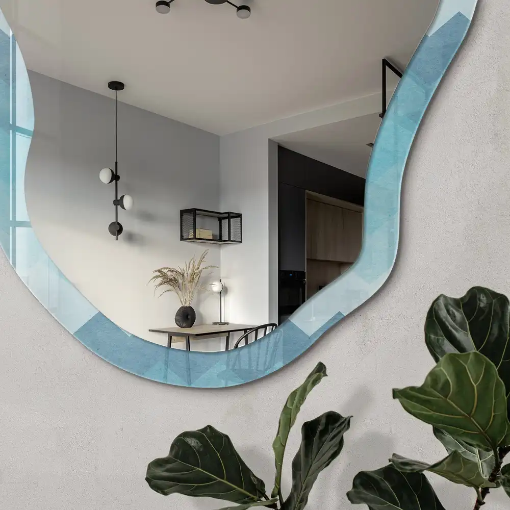 Oglindă decorativă neregulată cu imprimeu în zig-zag turcoaz