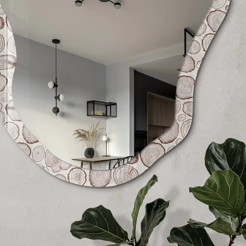 Oglindă decorativă neregulată cu imprimeu inele anuale