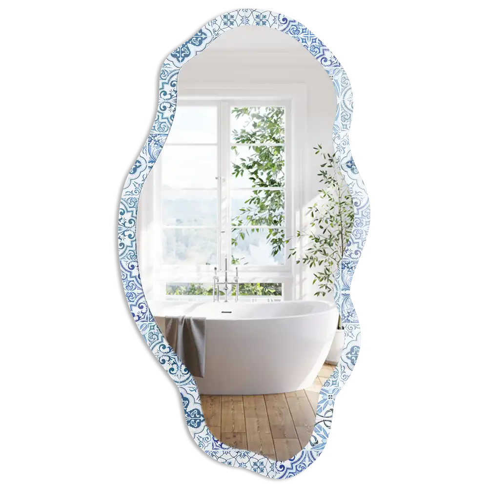 Oglindă neregulată cu imprimeu de plăci ceramice albastre