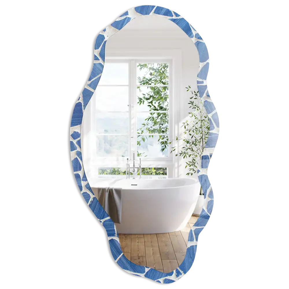 Oglindă decorativă neregulată cu imprimeu mozaic albastru