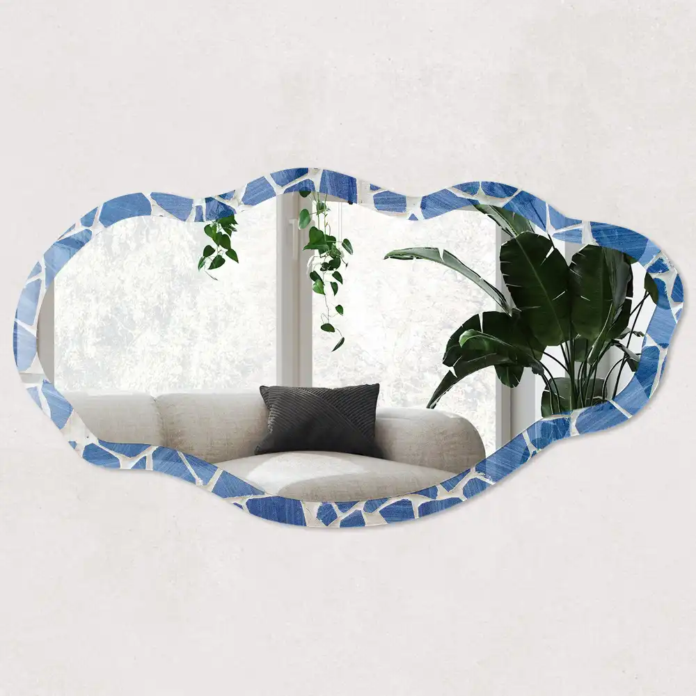Oglindă decorativă neregulată cu imprimeu mozaic albastru
