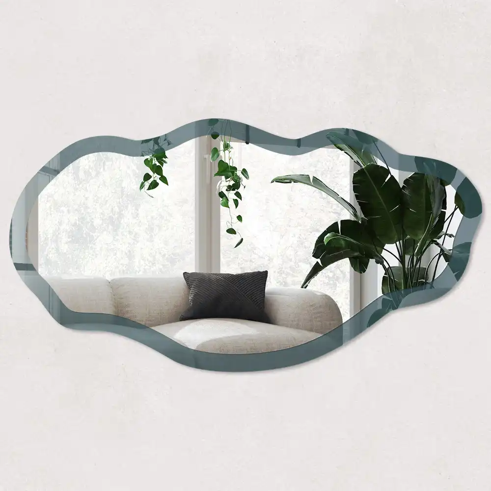 Oglindă decorativă cu formă neregulată și imprimeu turcoaz