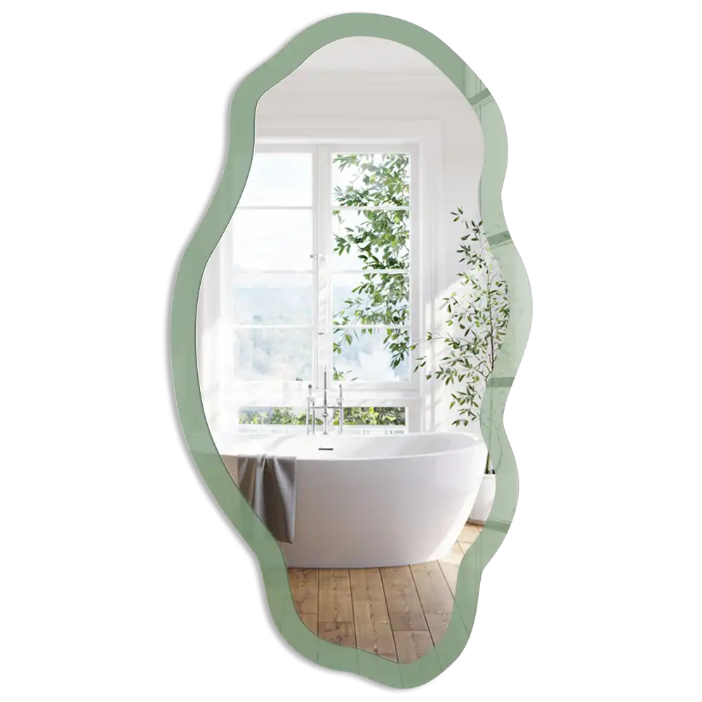 Oglindă decorativă cu formă neregulată și imprimeu verde discret