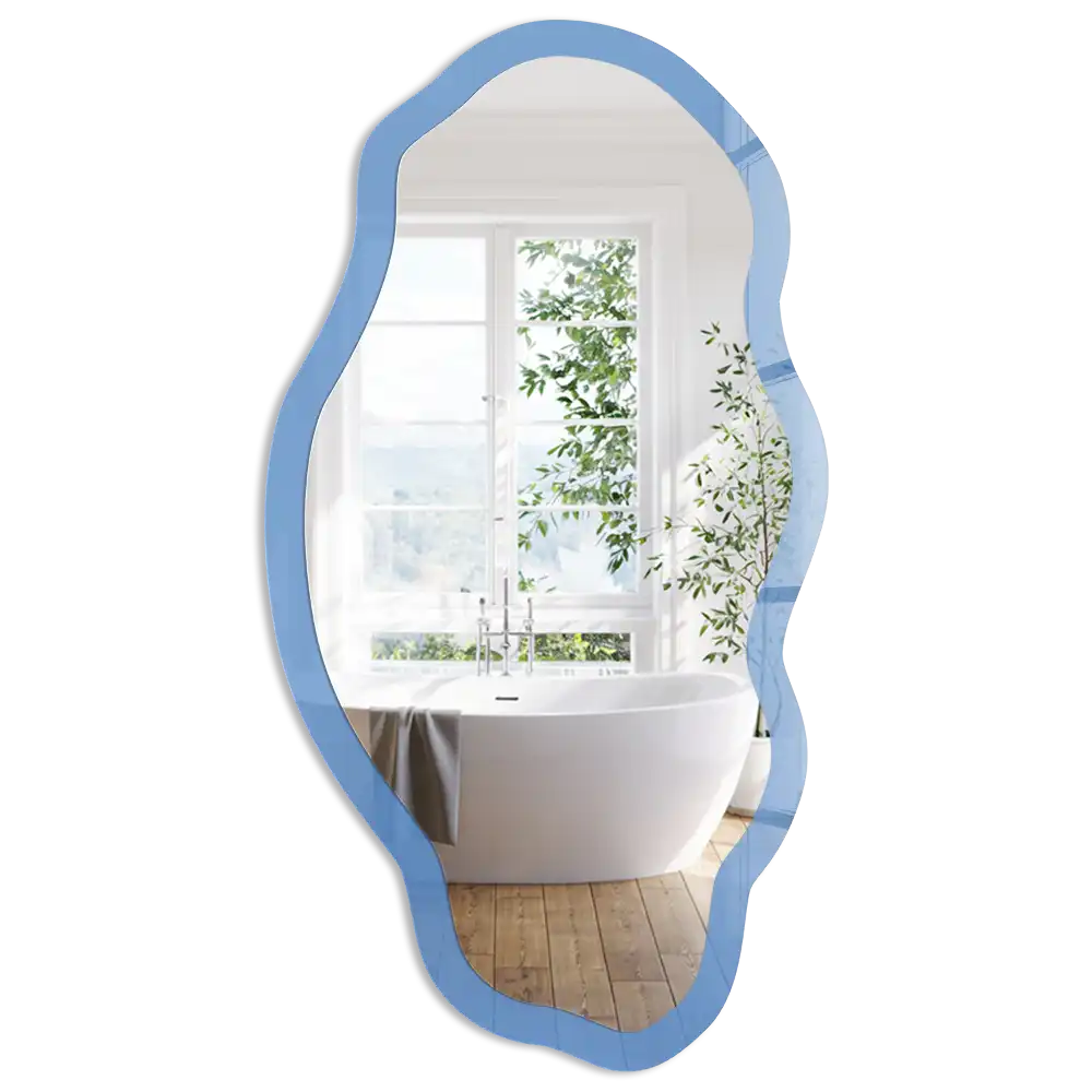 Oglindă decorativă cu formă neregulată și imprimeu albastru