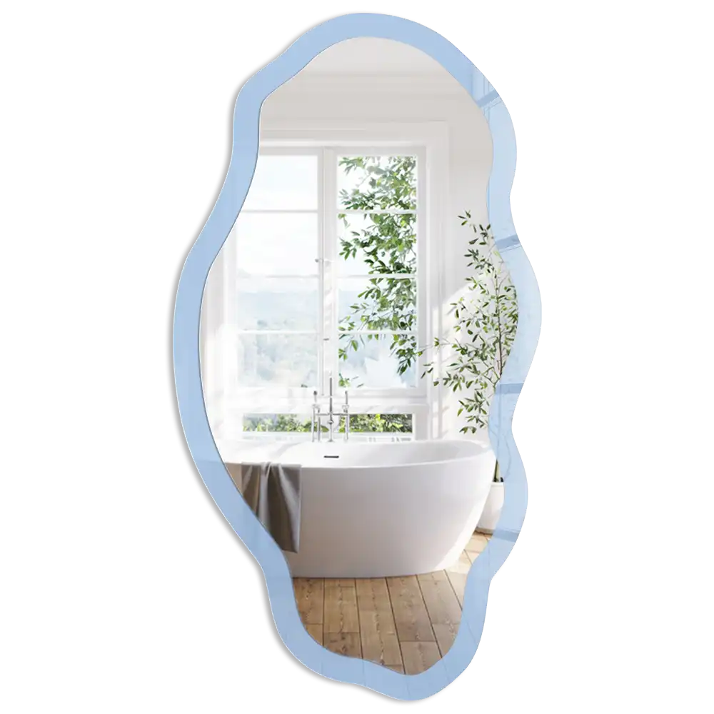 Oglindă decorativă cu formă neregulată și imprimeu babakék