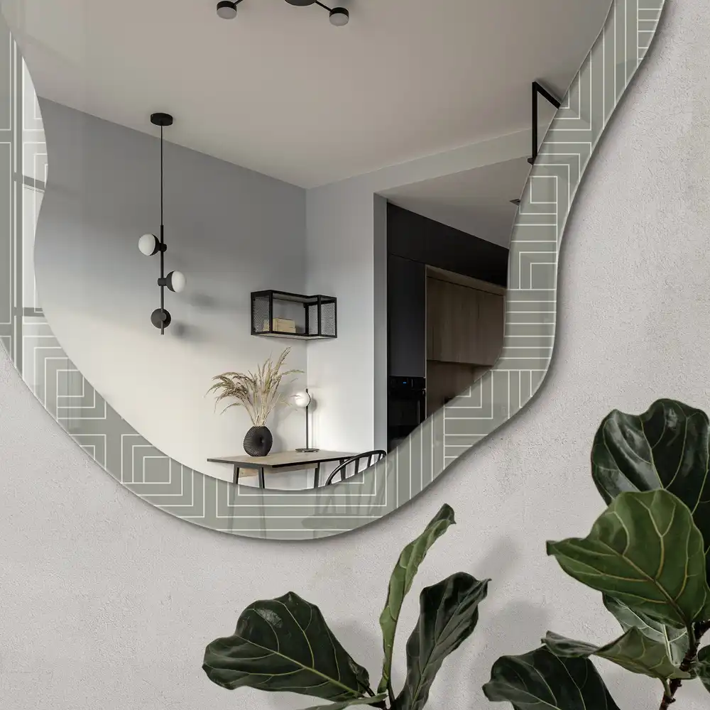 Oglindă decorativă neregulată cu imprimeu geometric de pătrate