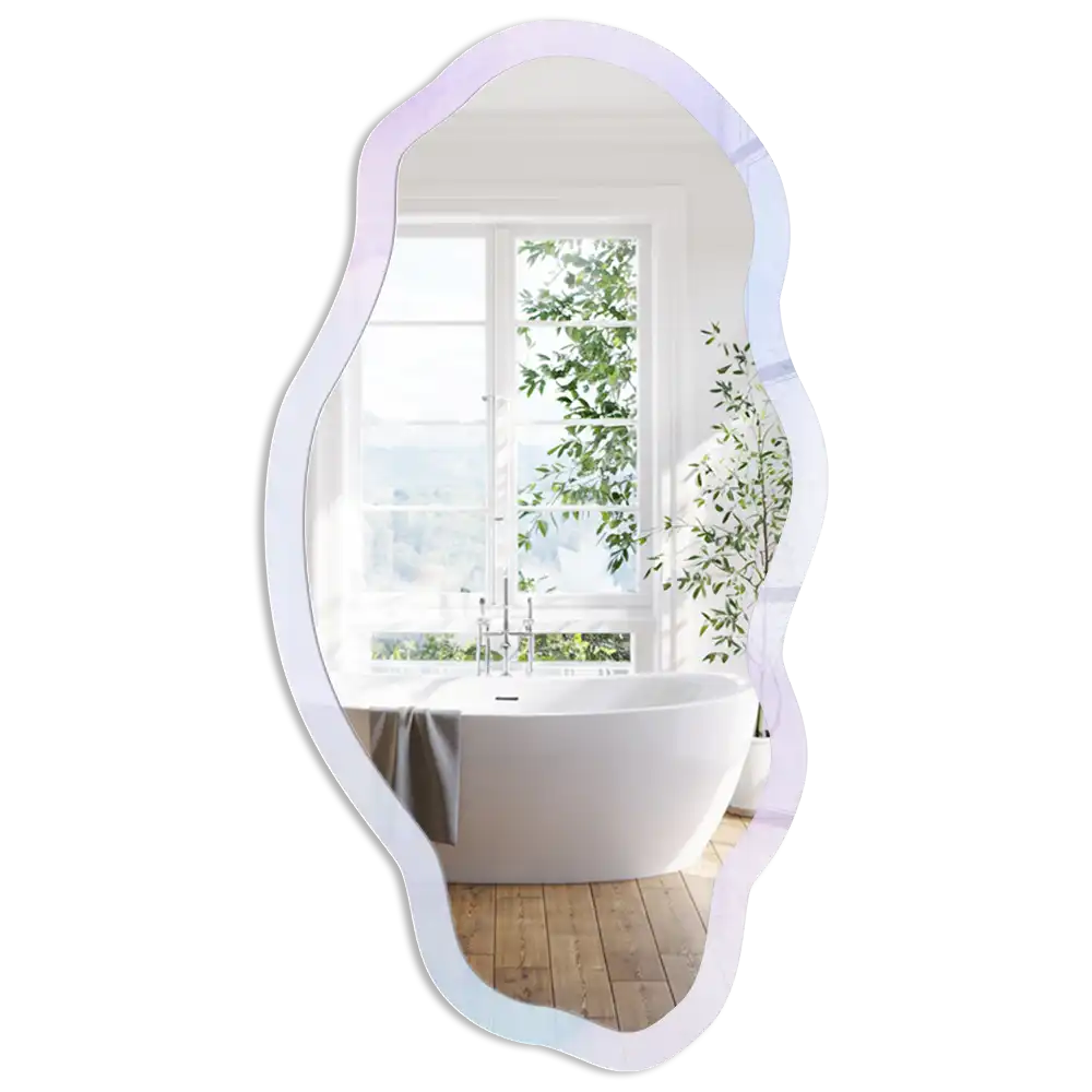 Oglindă decorativă cu formă neregulată și imprimeu în culori pastelate tip acuarelă