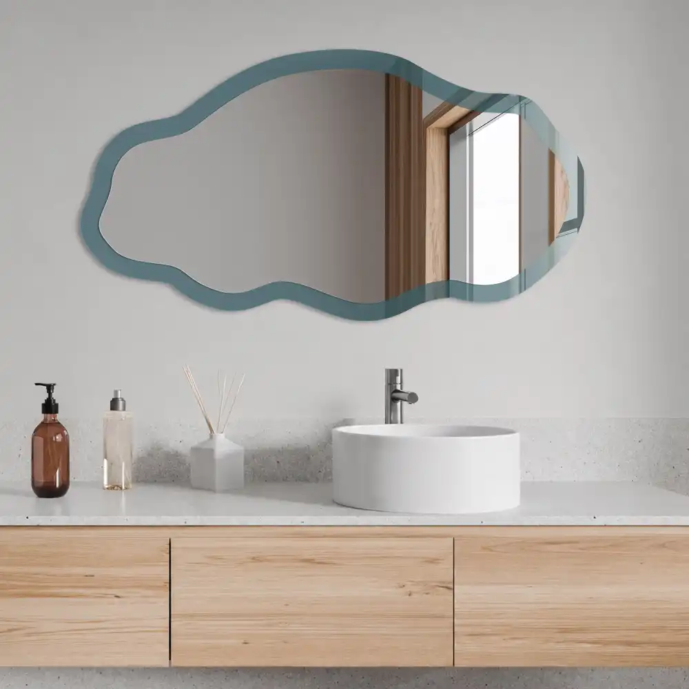 Oglindă decorativă cu formă neregulată și imprimeu turcoaz închis