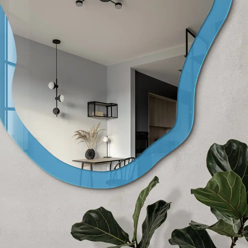 Oglindă decorativă neregulată cu imprimeu albastru