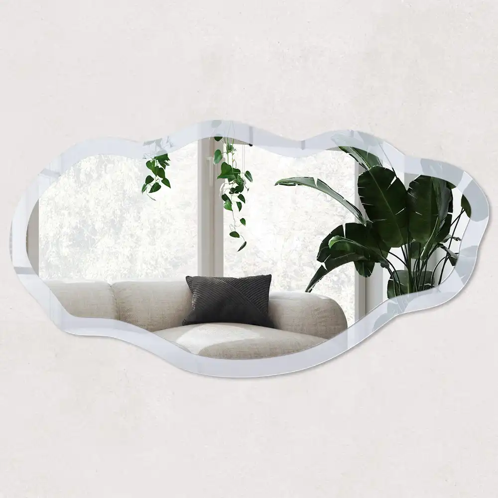 Oglindă decorativă cu formă neregulată și imprimeu albastru-gri