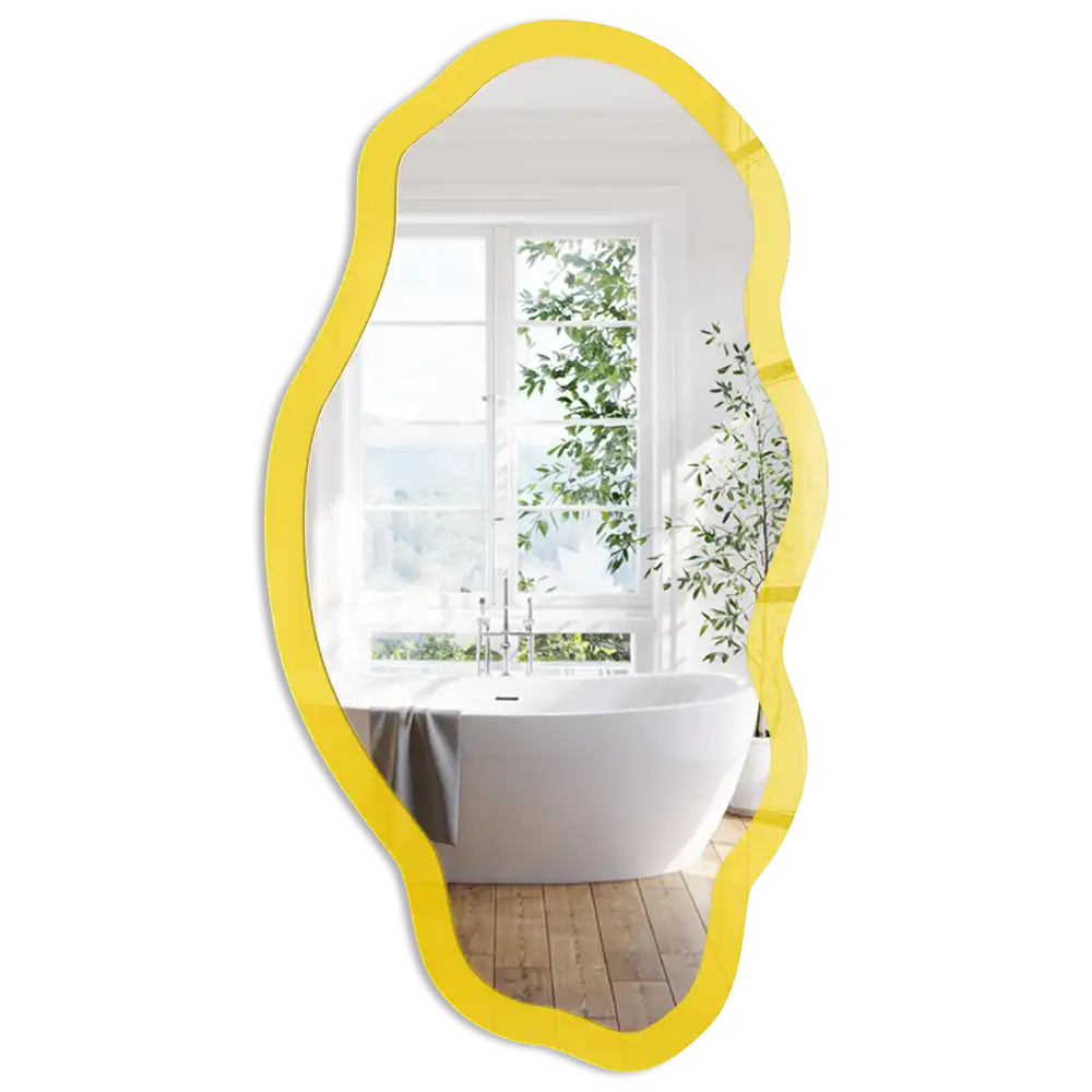 Oglindă decorativă cu formă neregulată și imprimeu galben intens