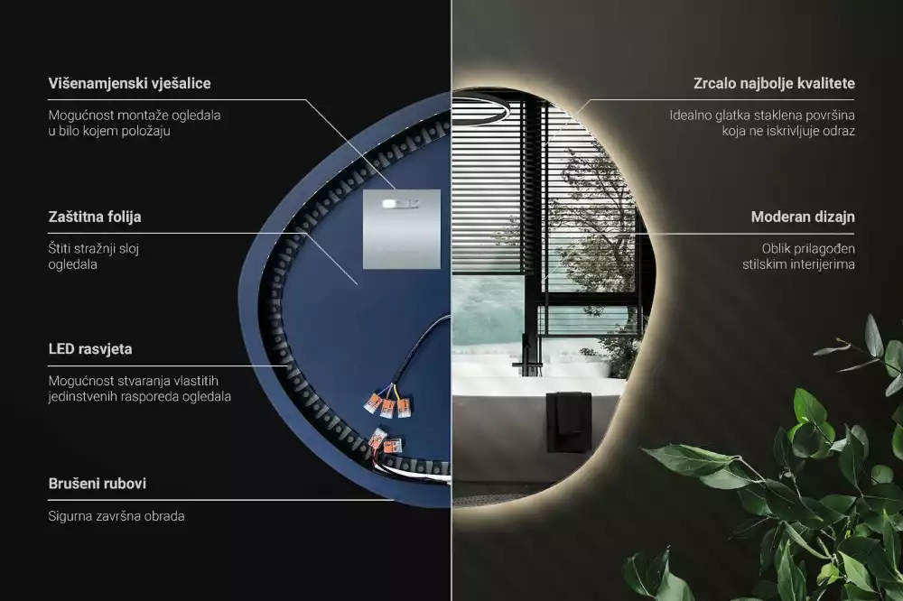 Oglindă de perete cu LED și formă neregulată în stil minimalist