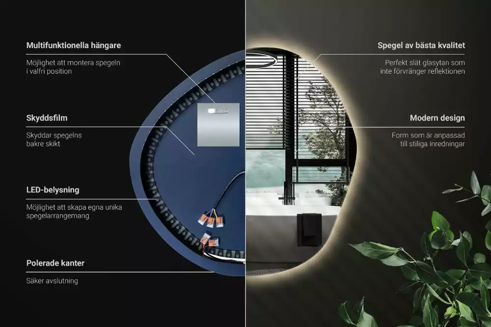 Oglindă de perete cu LED și formă neregulată în stil minimalist
