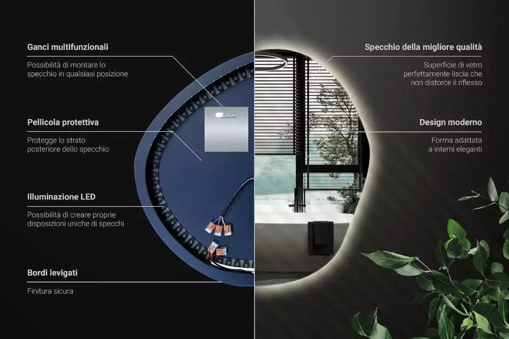 Oglindă de perete cu LED și formă neregulată în stil minimalist