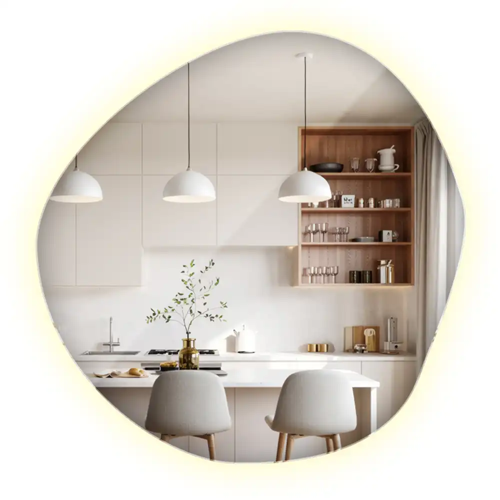 Oglindă de perete cu LED și formă neregulată în stil minimalist