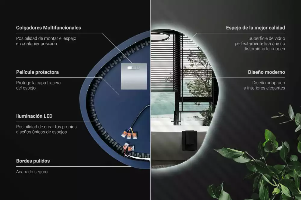 Oglindă de perete cu LED și formă neregulată în stil minimalist
