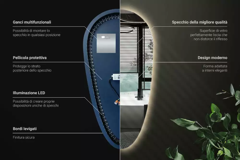 Oglindă decorativă în formă de lacrimă cu iluminare LED