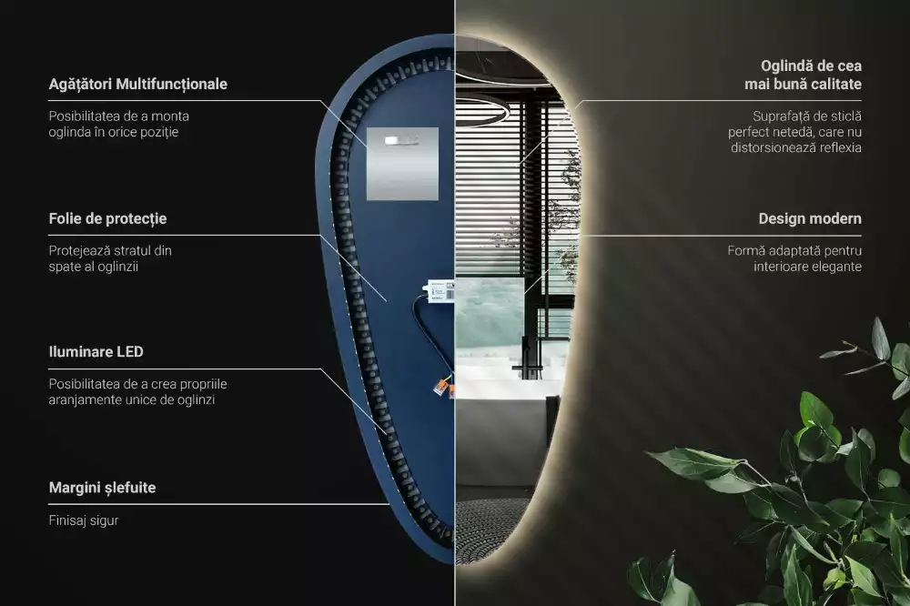 Oglindă decorativă în formă de lacrimă cu iluminare LED