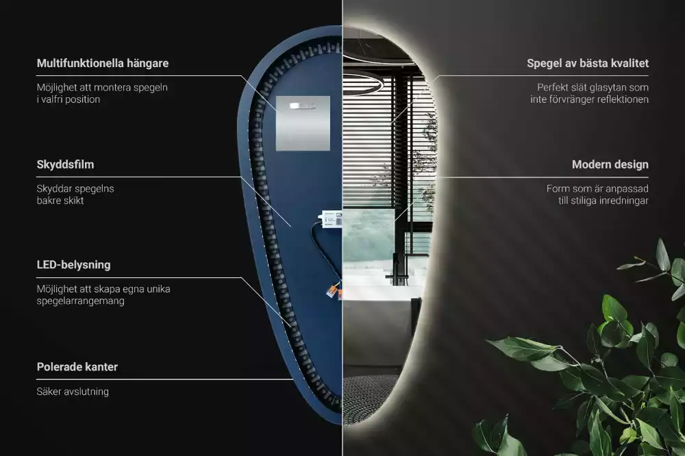 Oglindă decorativă în formă de lacrimă cu iluminare LED