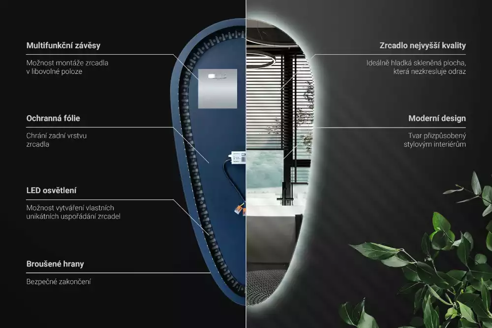 Oglindă decorativă în formă de lacrimă cu iluminare LED