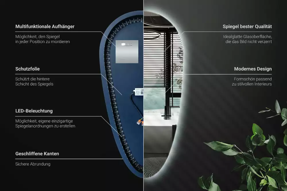 Oglindă decorativă în formă de lacrimă cu iluminare LED