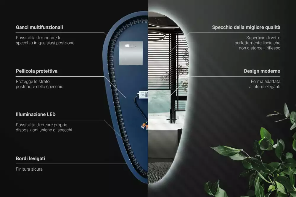 Oglindă decorativă în formă de lacrimă cu iluminare LED