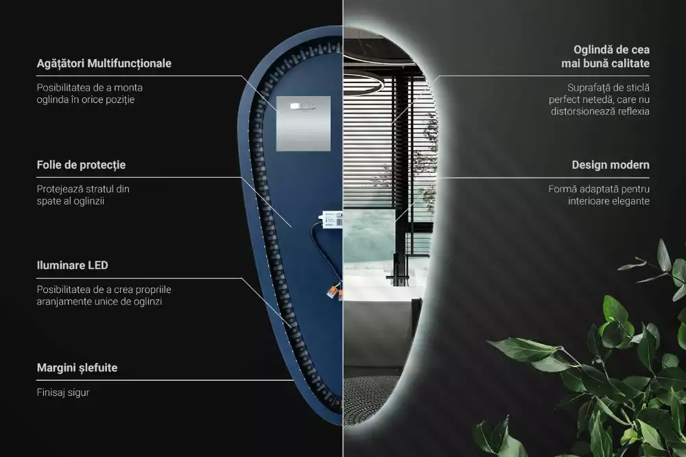 Oglindă decorativă în formă de lacrimă cu iluminare LED