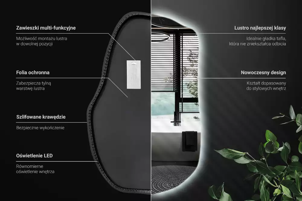 Oglindă cu formă organică și iluminare ambientală perimetrală