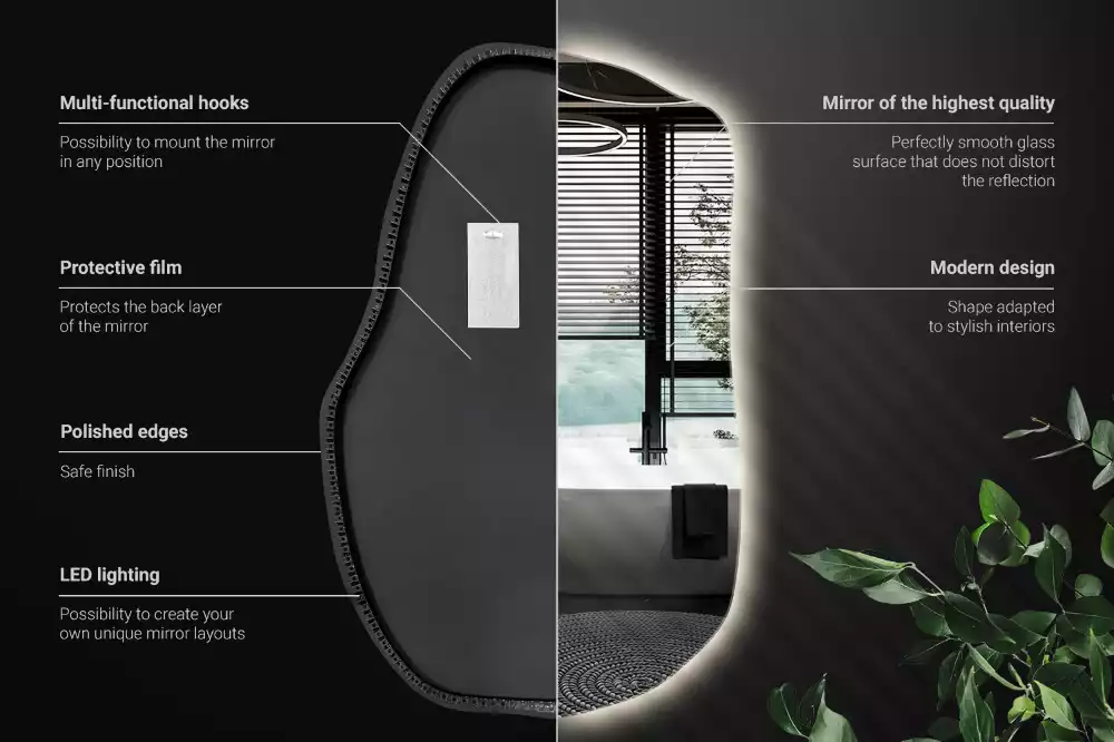 Oglindă cu formă organică și iluminare ambientală perimetrală