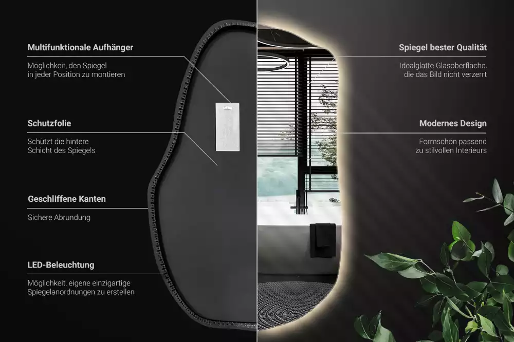 Oglindă cu formă organică și iluminare ambientală perimetrală