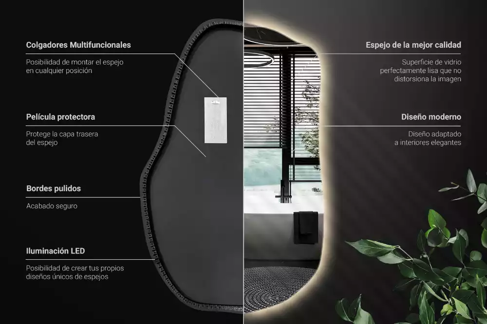 Oglindă cu formă organică și iluminare ambientală perimetrală