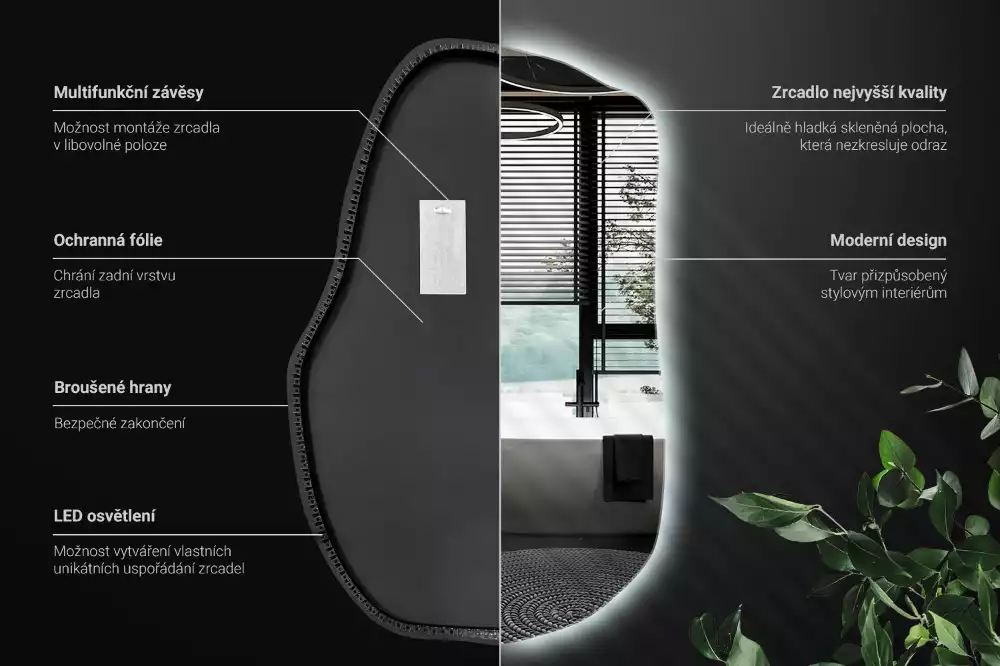 Oglindă cu formă organică și iluminare ambientală perimetrală