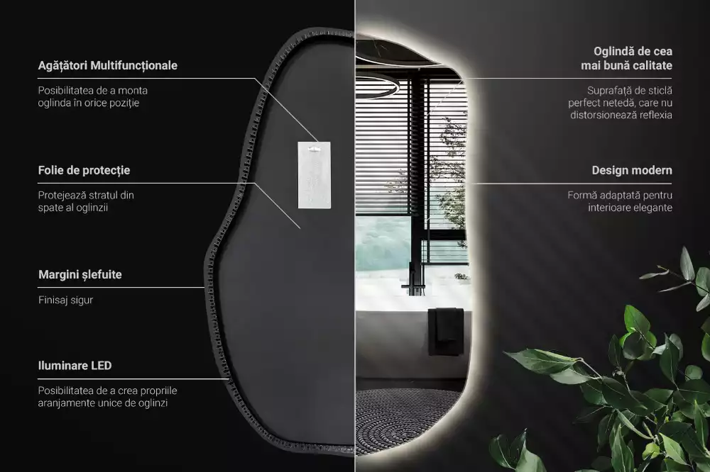 Oglindă cu formă organică și iluminare ambientală perimetrală