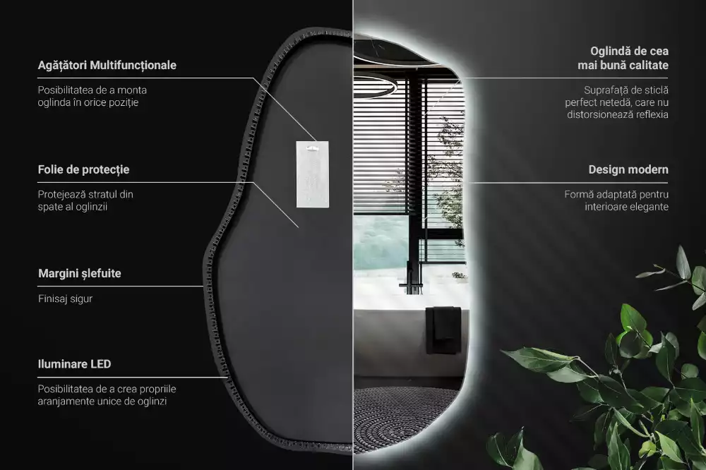 Oglindă cu formă organică și iluminare ambientală perimetrală