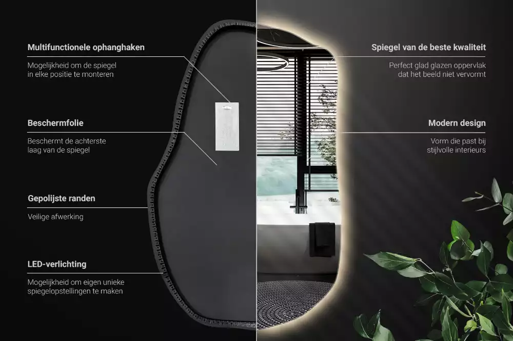 Oglindă cu formă organică și iluminare ambientală perimetrală