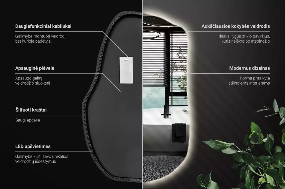 Oglindă cu formă organică și iluminare ambientală perimetrală