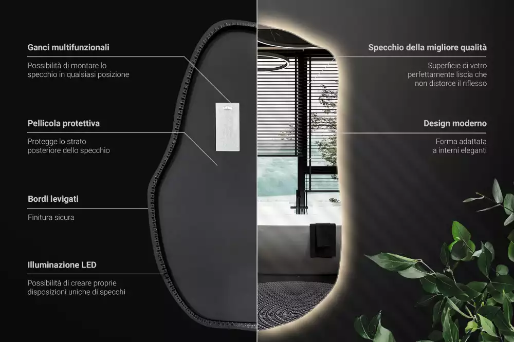 Oglindă cu formă organică și iluminare ambientală perimetrală