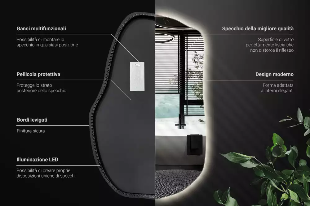 Oglindă cu formă organică și iluminare ambientală perimetrală