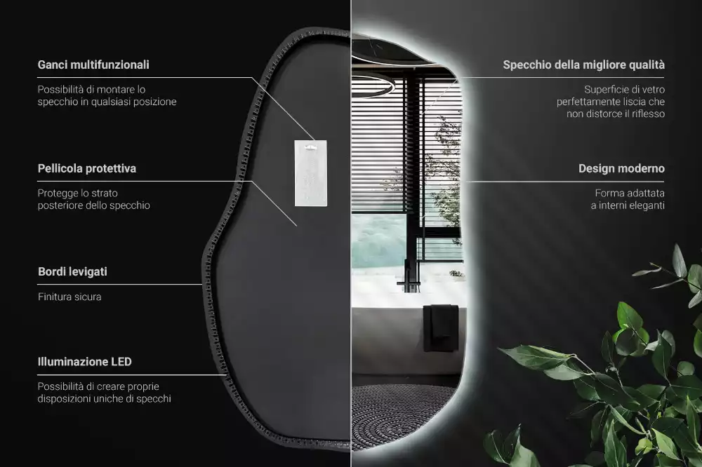 Oglindă cu formă organică și iluminare ambientală perimetrală