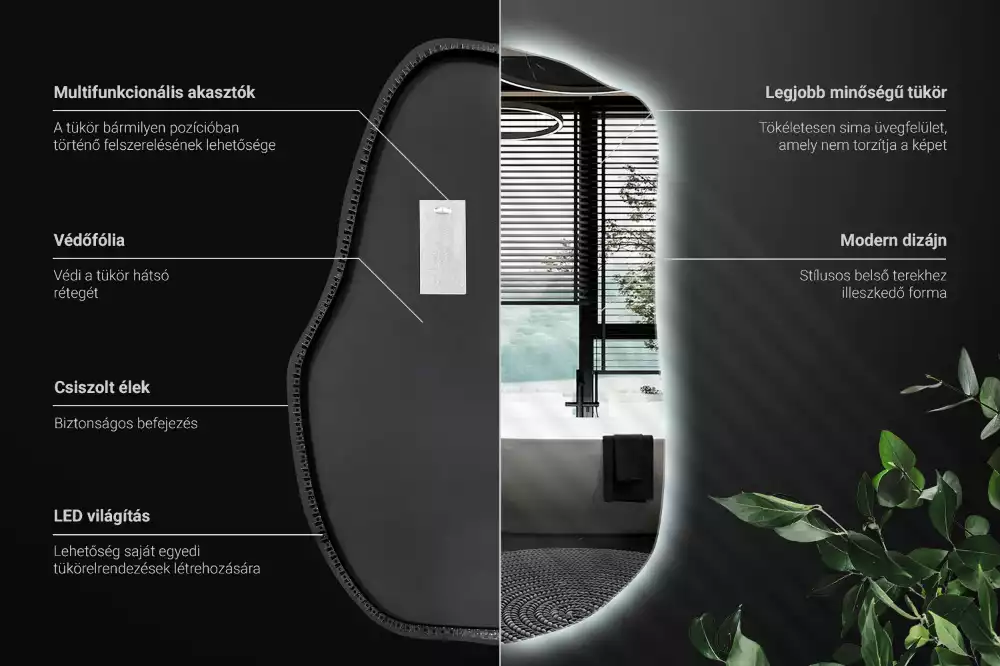 Oglindă cu formă organică și iluminare ambientală perimetrală