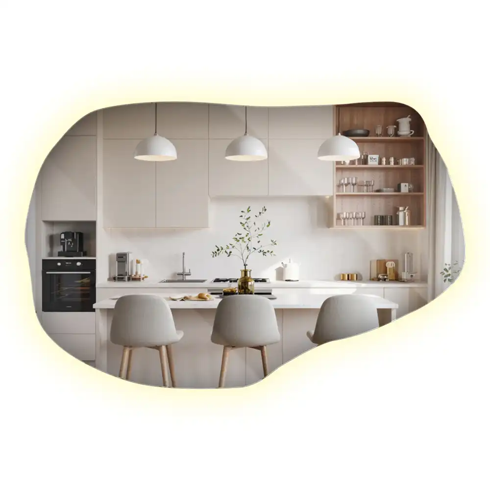 Oglindă cu formă organică și iluminare ambientală perimetrală