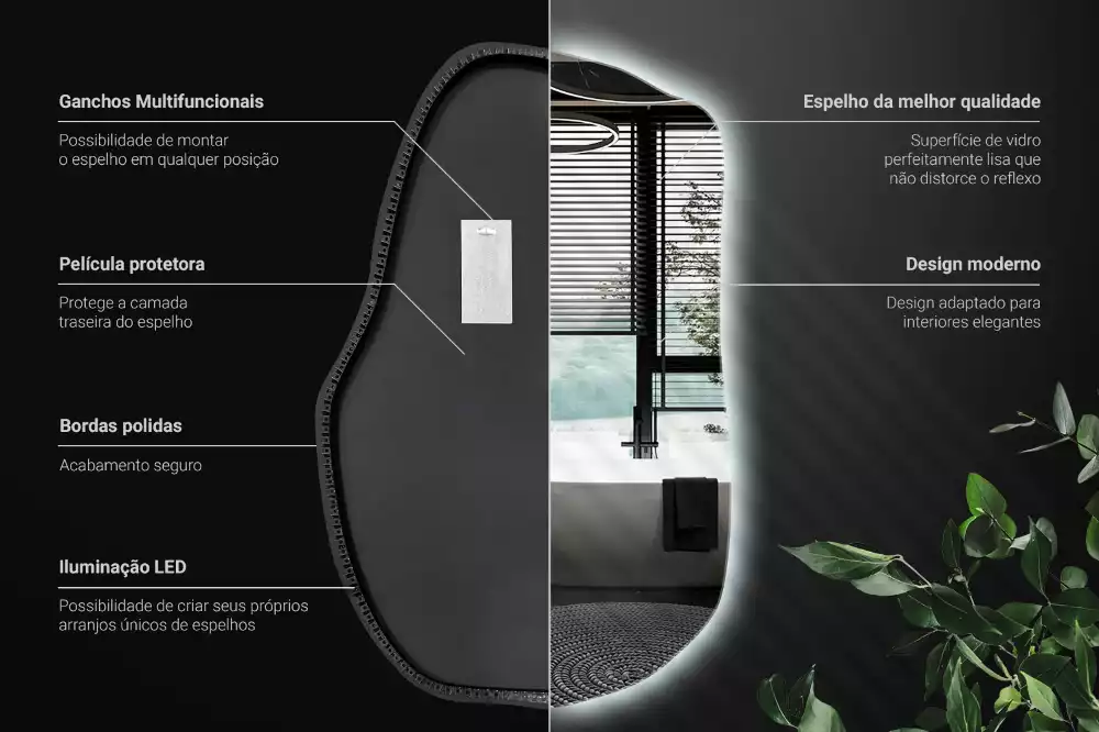 Oglindă cu formă organică și iluminare ambientală perimetrală