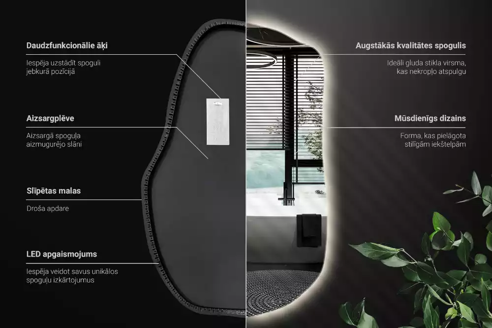 Oglindă cu formă organică și iluminare ambientală perimetrală