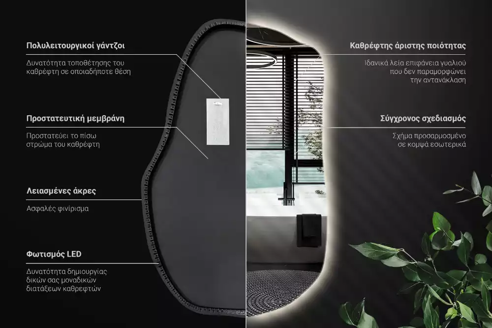 Oglindă cu formă organică și iluminare ambientală perimetrală