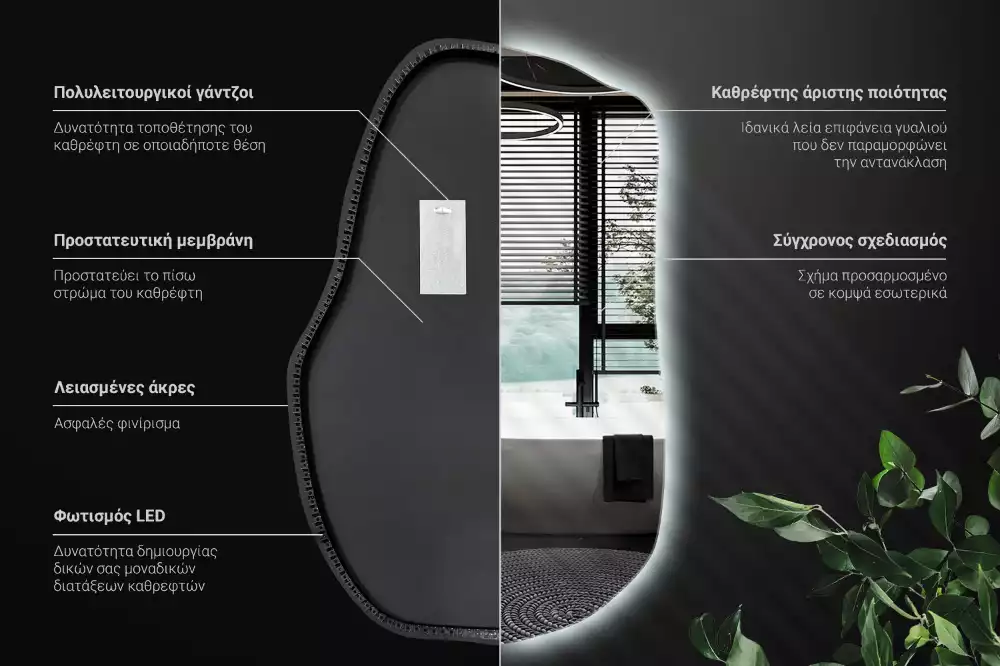 Oglindă cu formă organică și iluminare ambientală perimetrală