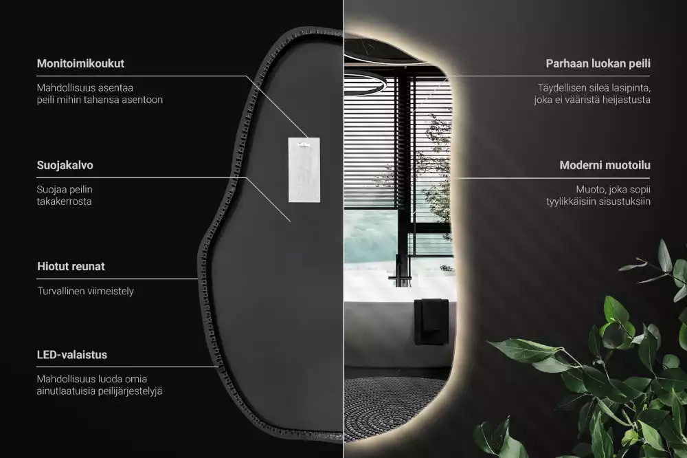 Oglindă cu formă organică și iluminare ambientală perimetrală